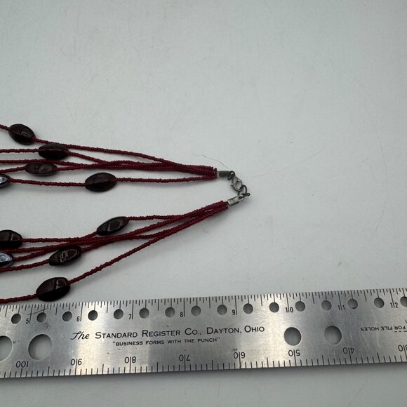 Multi-Strand Red Beaded Necklace with Oval Iridescent Glass Beads - Picture 7 of 8